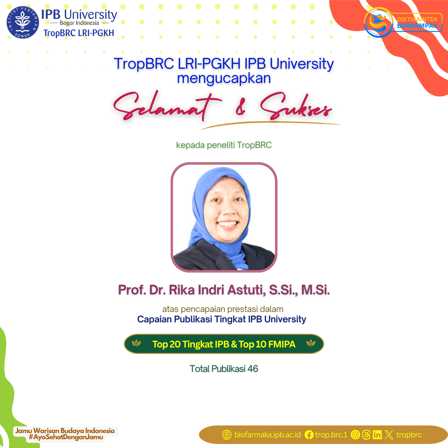 TropBRC researcher, Prof. Rika Indri Astuti, recognized for IPB University top publication achievements