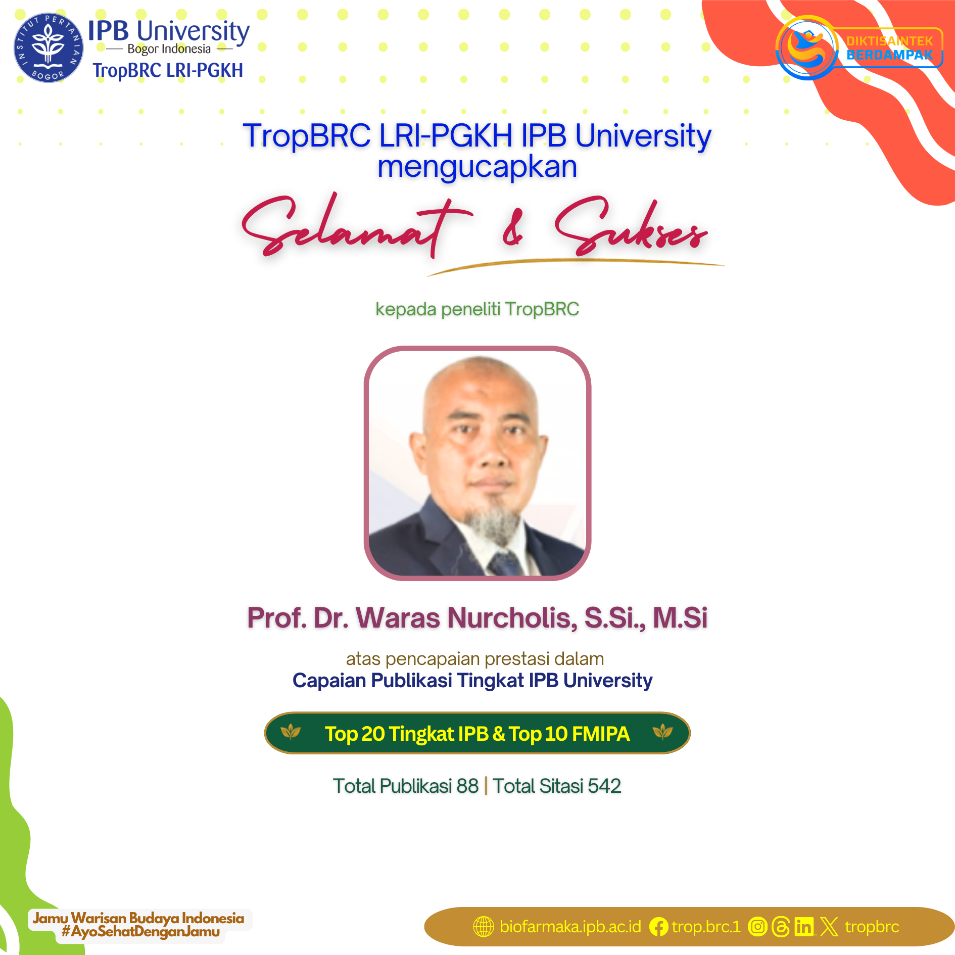 TropBRC researcher, Prof. Waras Nurcholis, recognized for IPB University top publication achievements