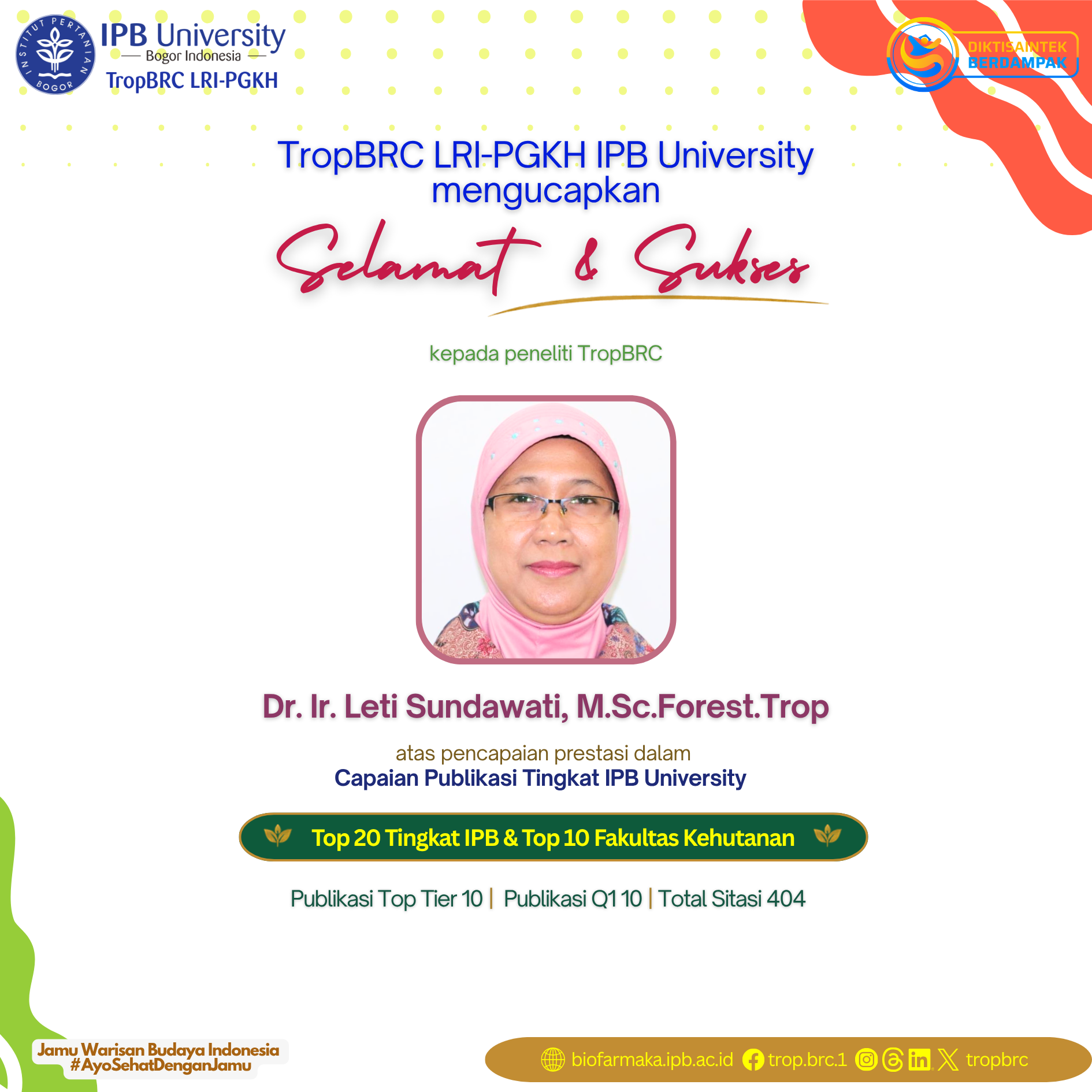 TropBRC researcher, Dr. Leti Sundawati, recognized for IPB University top publication achievements