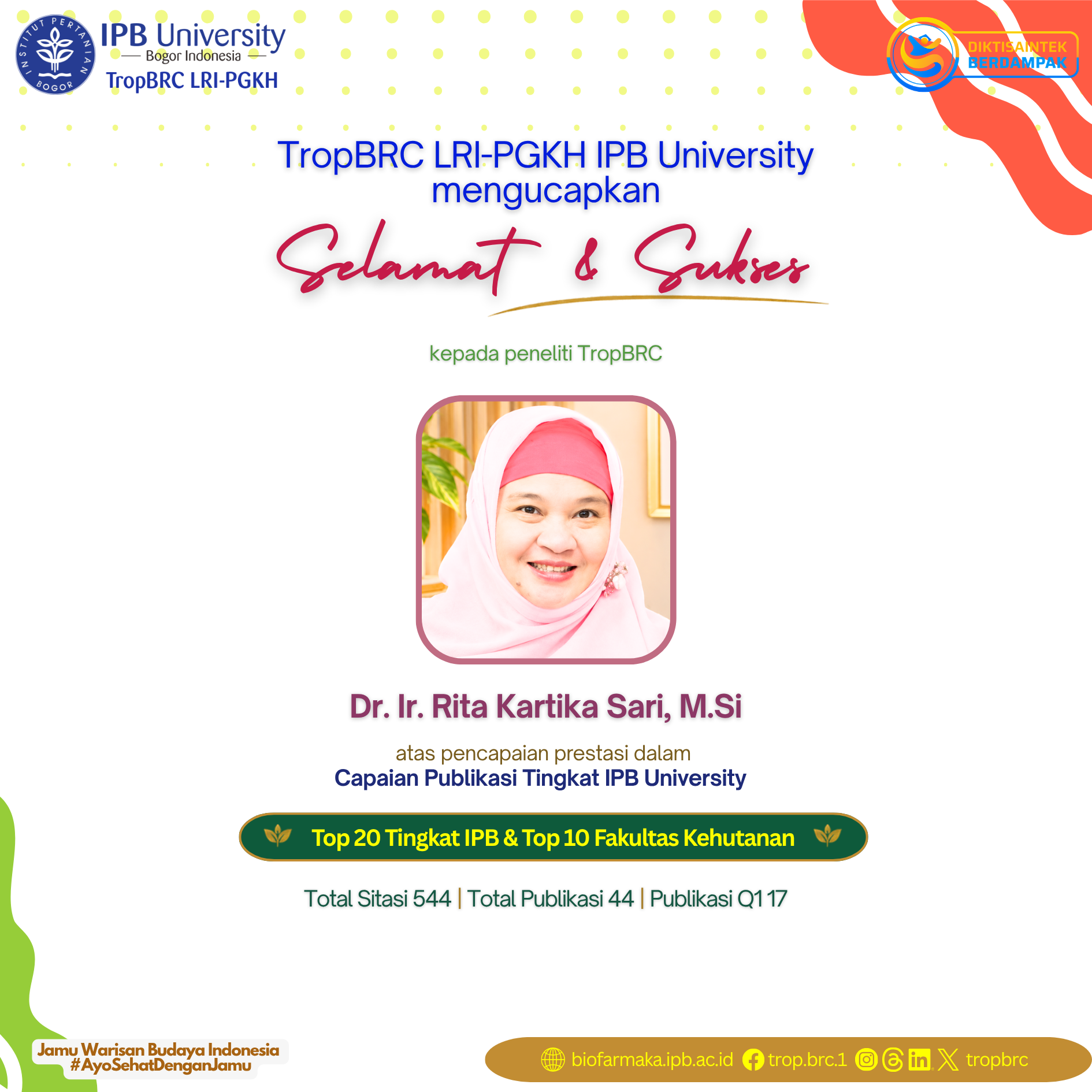 TropBRC researcher, Dr. Rita Kartika Sari, recognized for IPB University top publication achievements