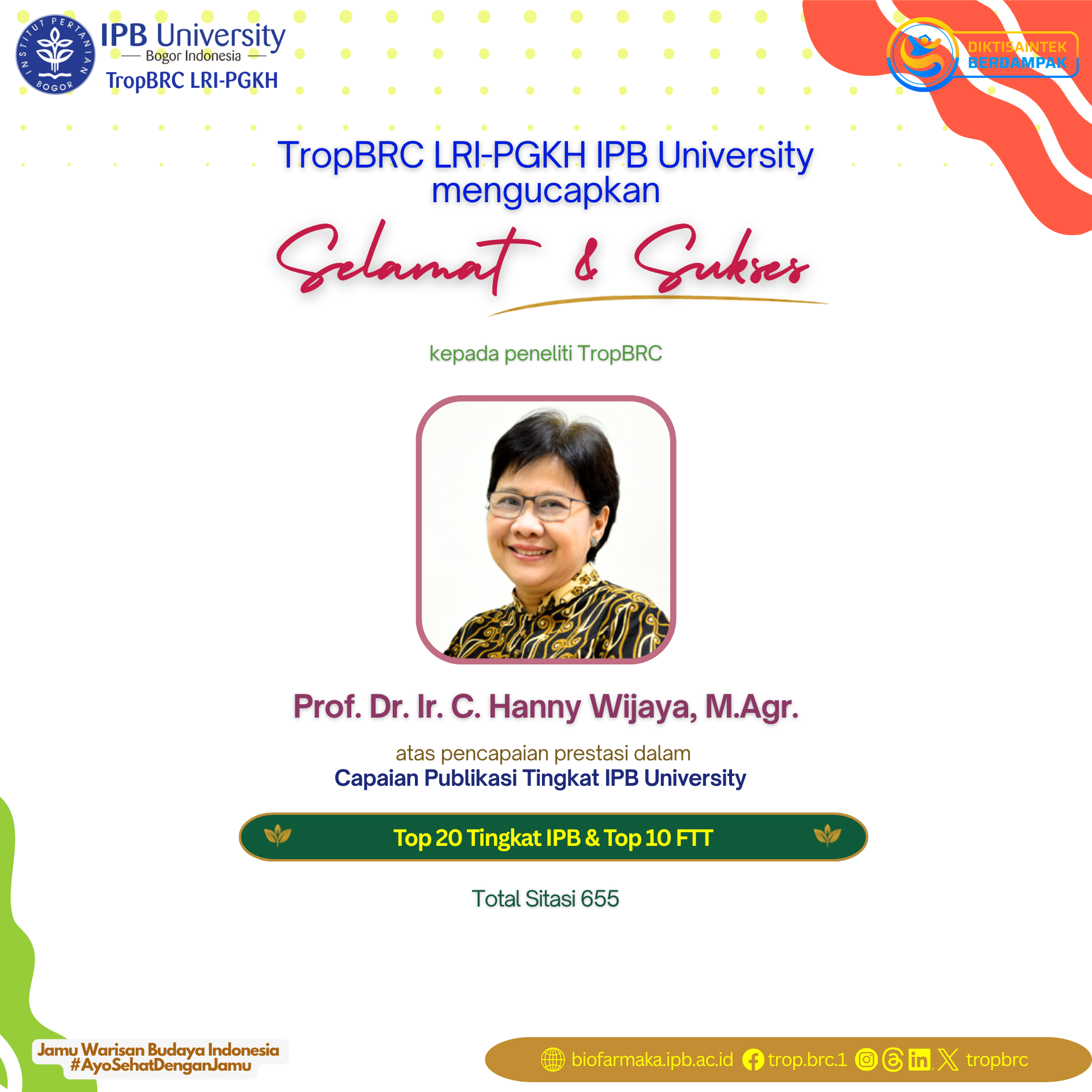 TropBRC researcher, Prof. C Hanny Wijaya, recognized for IPB University top publication achievements
