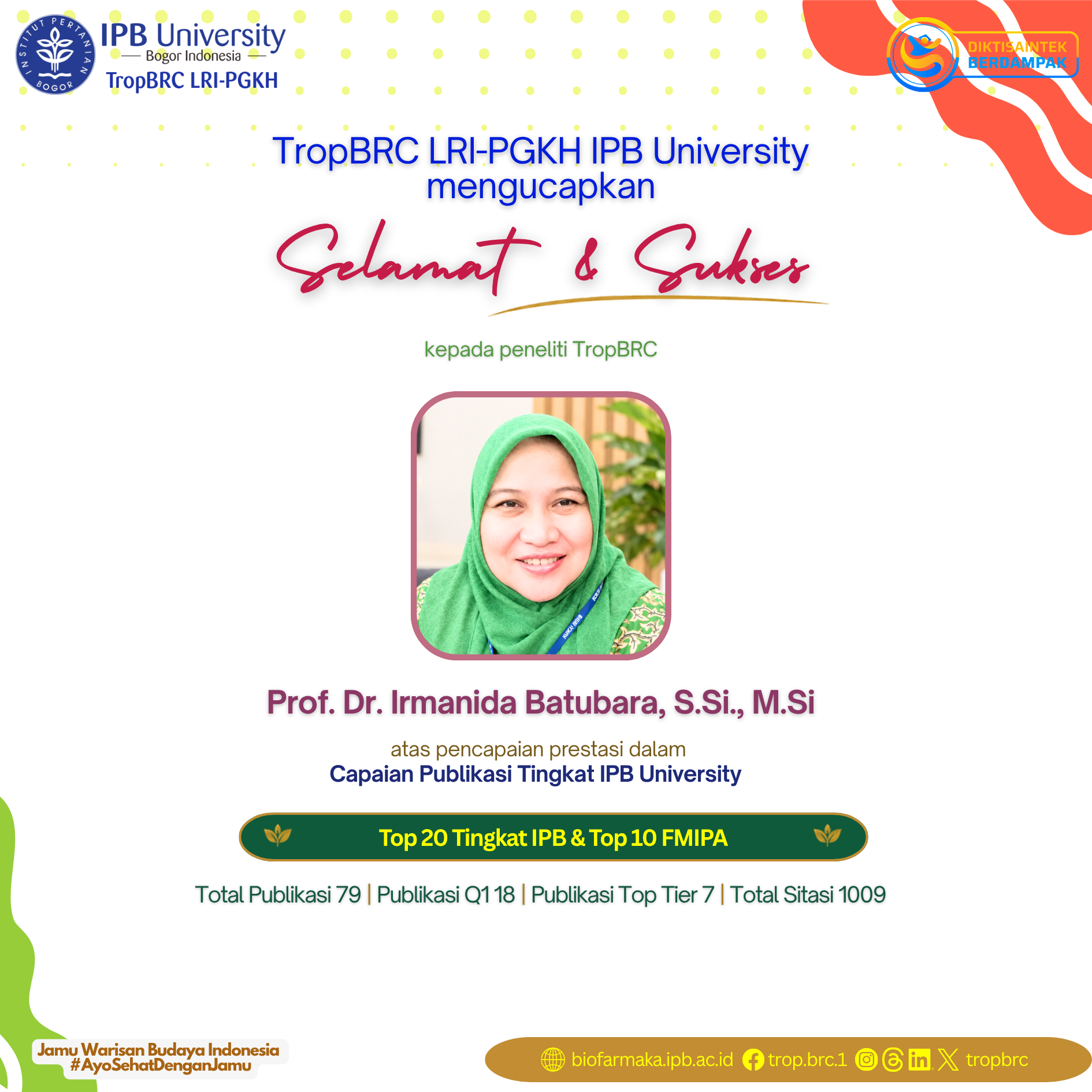 TropBRC researcher, Prof. Irmanida Batubara, recognized for IPB University top publication achievements