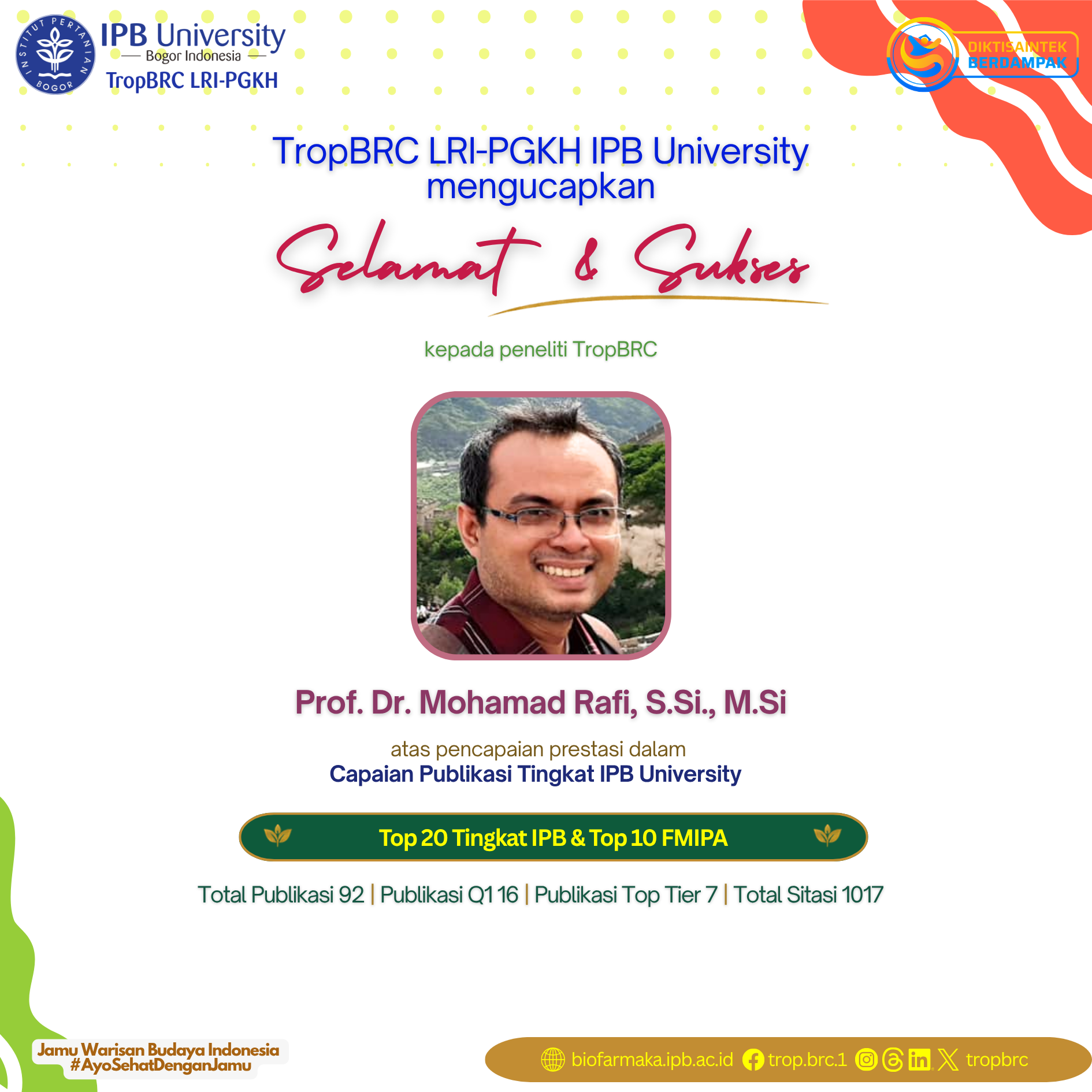 TropBRC researcher, Prof. Mohamad Rafi, recognized for IPB University top publication achievements