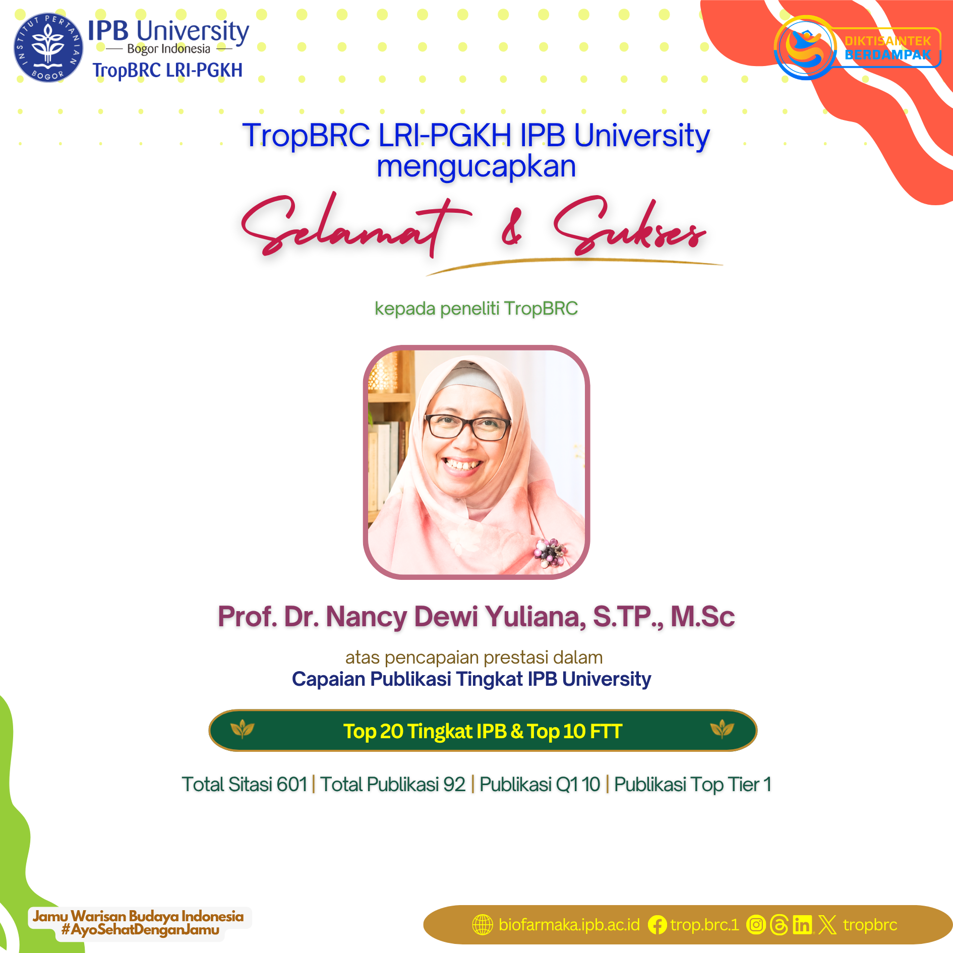 TropBRC researcher, Prof. Nancy Dewi Yuliana, recognized for IPB University top publication achievements