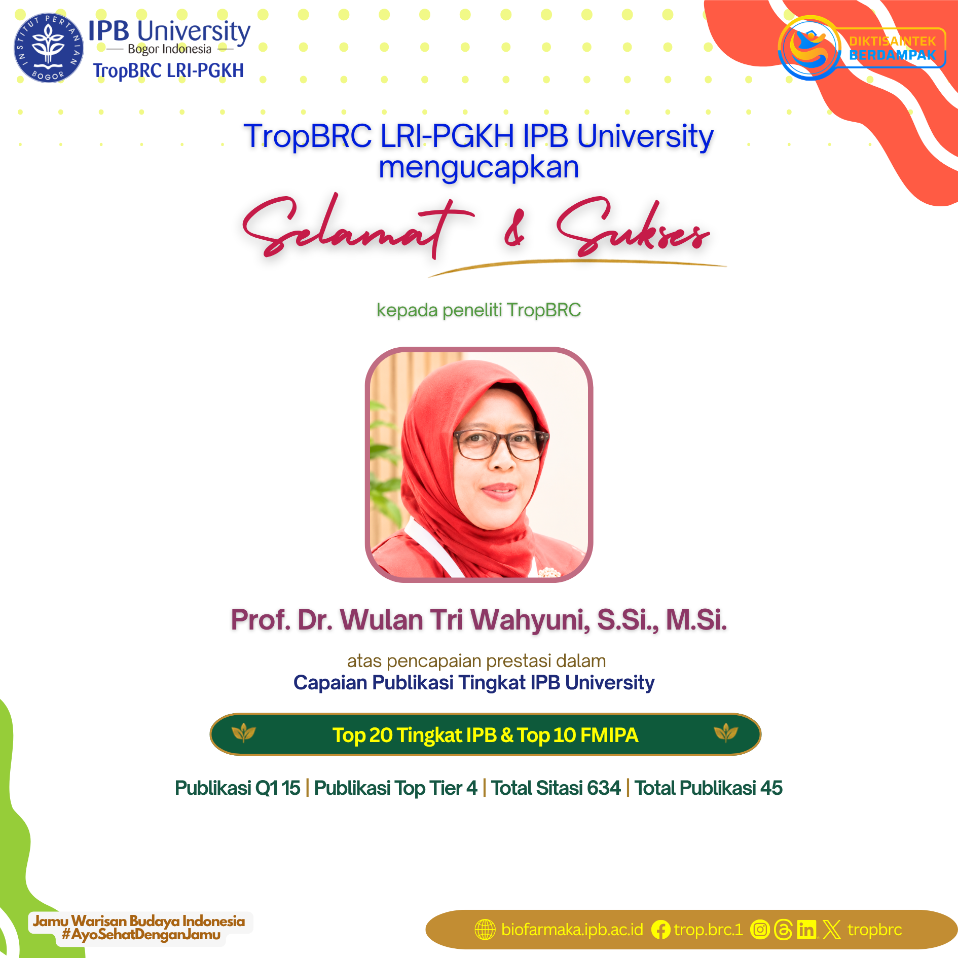 TropBRC researcher, Prof. Wulan Tri Wahyuni, recognized for IPB University top publication achievements