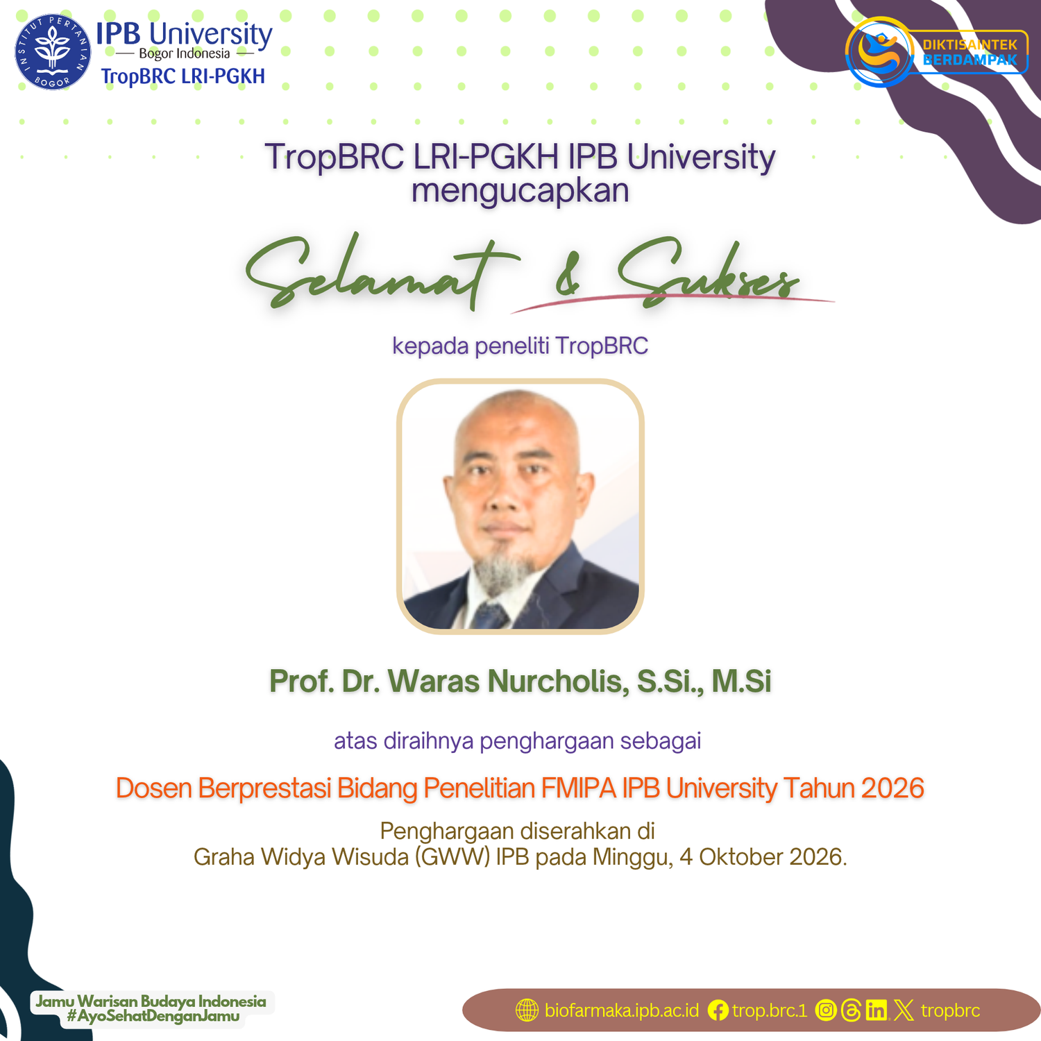 Congratulations to Prof. Dr. Waras Nurcholis, S.Si., M.Si.
